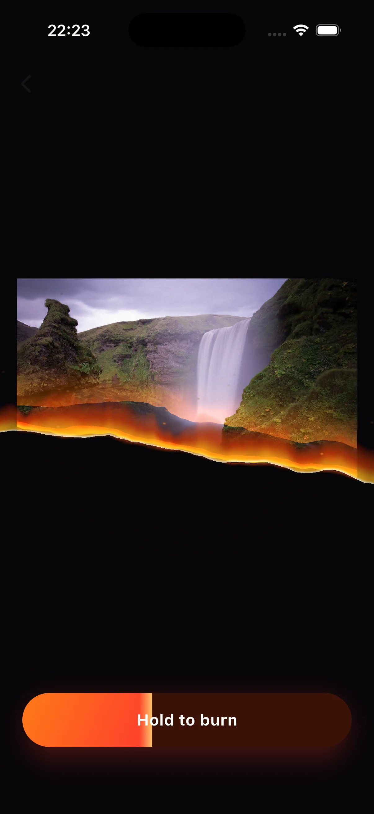 The burn screen, with a photo mid-burn